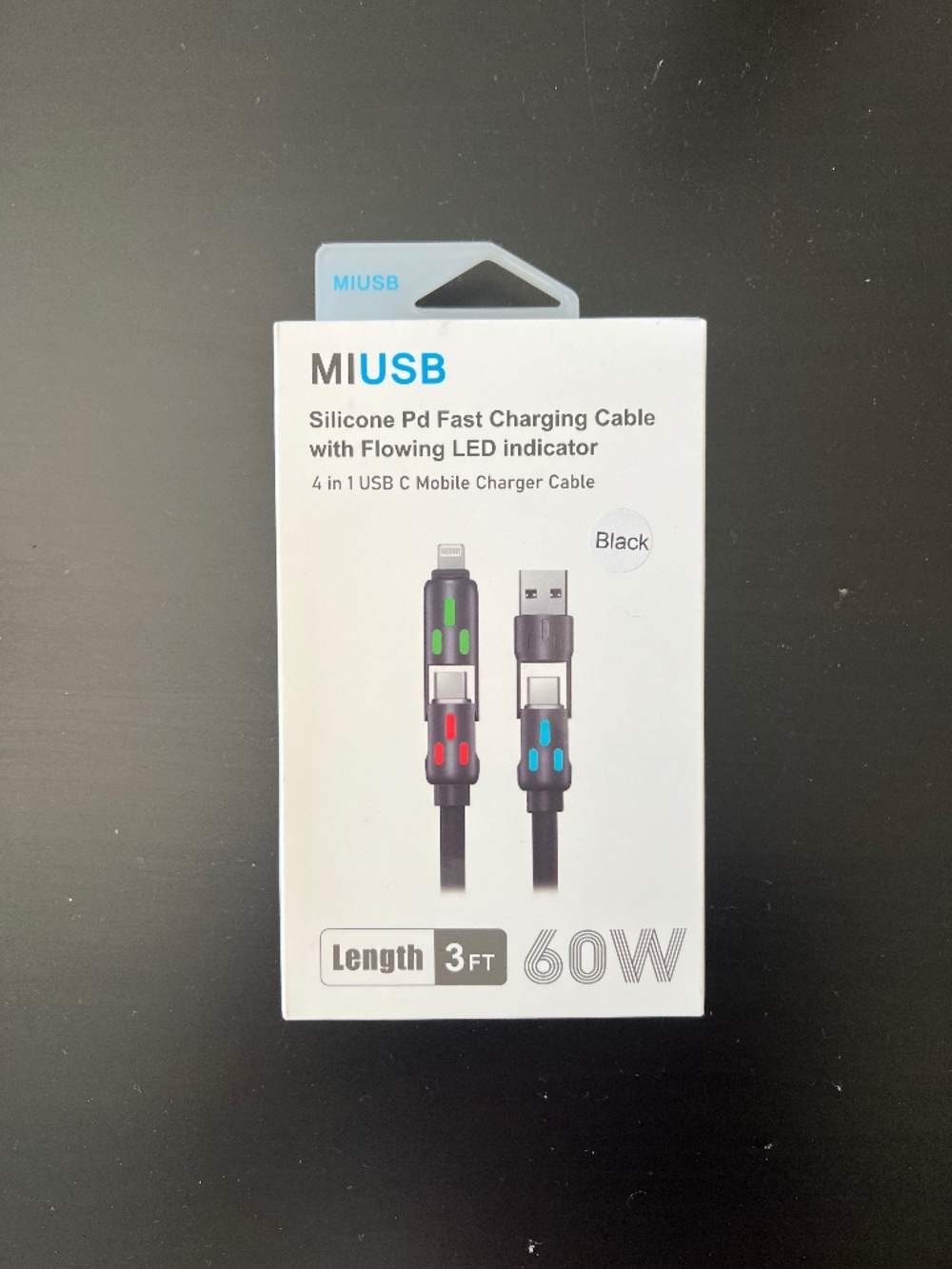 BRAND NEW 4-in-1 USB C Cable with LED Indicator, PD 5A BLACK